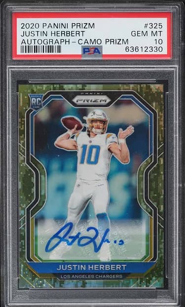 2020 Panini Prizm Justin Herbert Autograph Camo Prizm PSA 10