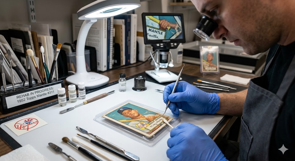 A person wearing blue gloves repairs a 1952 Topps Mickey Mantle baseball card at a workbench, surrounded by tools and cleaning supplies, with a microscope and a monitor displaying the card.