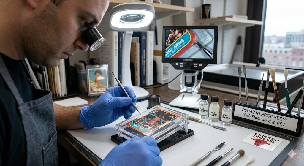 A person wearing blue gloves and a magnifying tool is restoring a 1986 Fleer Michael Jordan trading card on a well-organized workspace. Various restoration tools and cleaning supplies are displayed nearby, including brushes and bottles labeled with instructions.