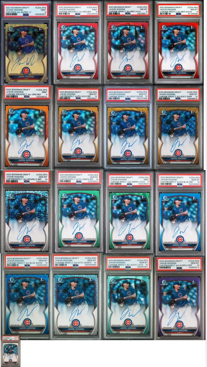 2023 Bowman Draft Jaxon Wiggins 1st Auto Complete Rainbow PSA 8, 9 and 10 Full Set
